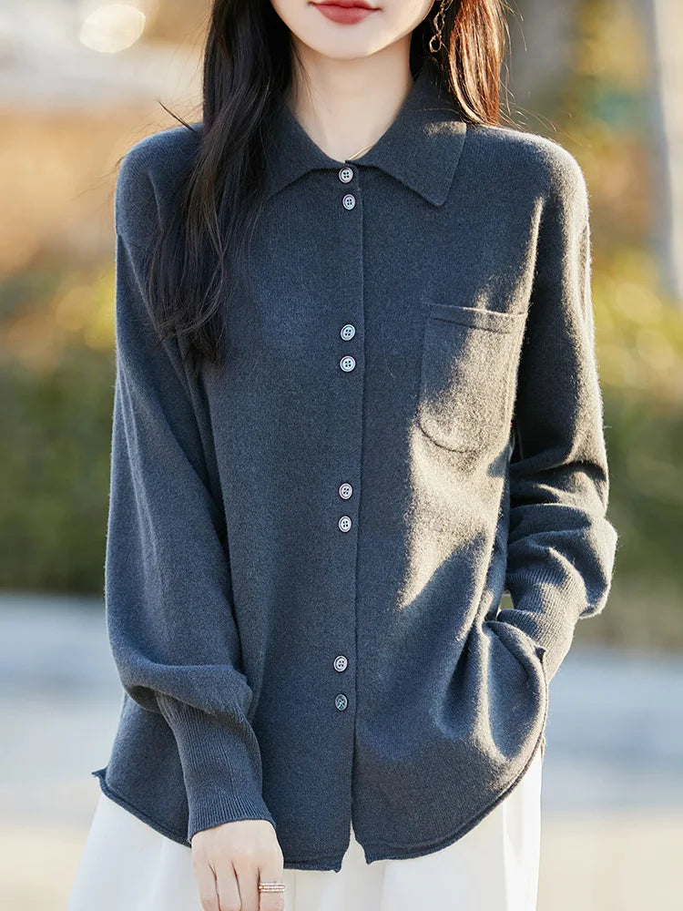 POLO Collar Wool Sweater 100 Pure Wool Spring And Autumn New Knitted Women Loose And Slimming Cardigan ZA682