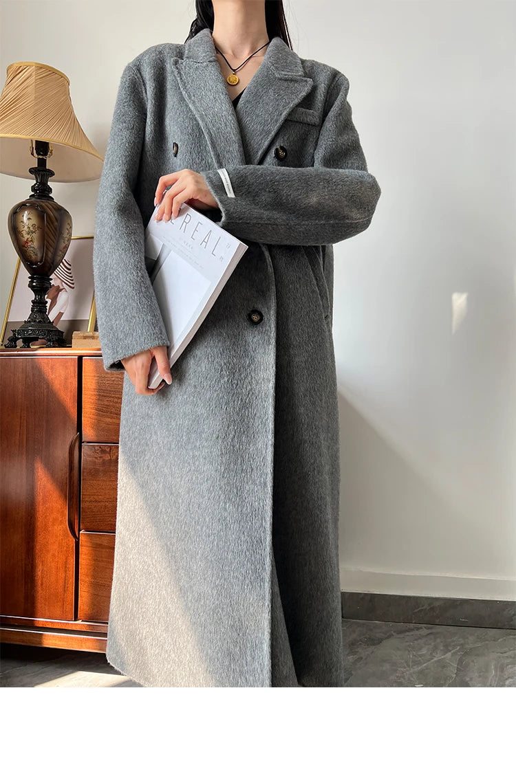 Office Lady Woolen Jackets 2024 Autumn And Winter Suit Collar Double Breasted Warmer Yak Hair Loose Long Women's Wool Coats