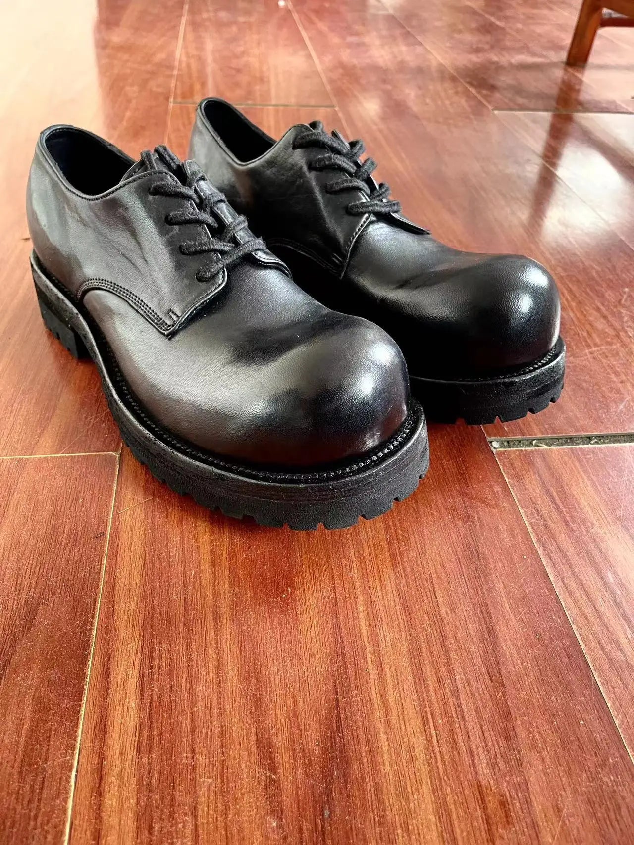 2025 New Men's Thick-soled Heightening Black Lace-up Round Head Horse Leather Made Old Derby Shoes
