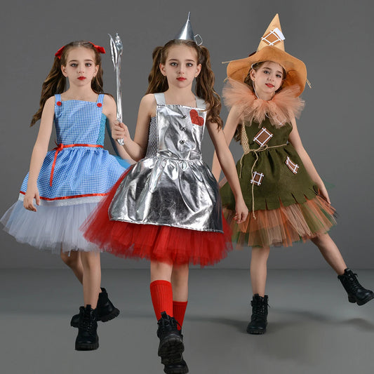 Kids Girls Halloween Costume Wizard of Oz Scarecrow Tin Man Lion Witch Princess Tutu Dress Role Play Party Stage Dress Outfit