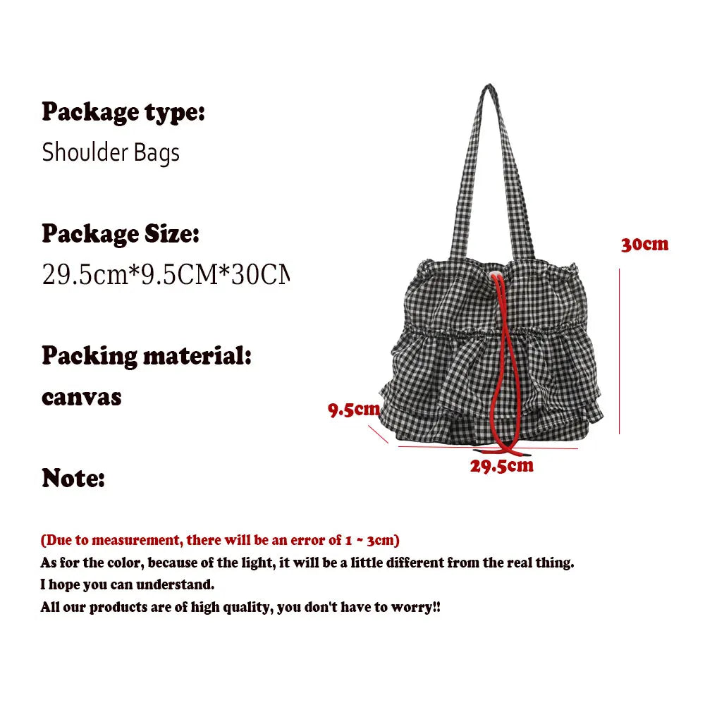 Women's Tote Bag Ruffles Plaid Drawstring Handbag Women Fashion Canvas Shoulder Bags	Large Capacity Korean Bags Bolsos De Mujer