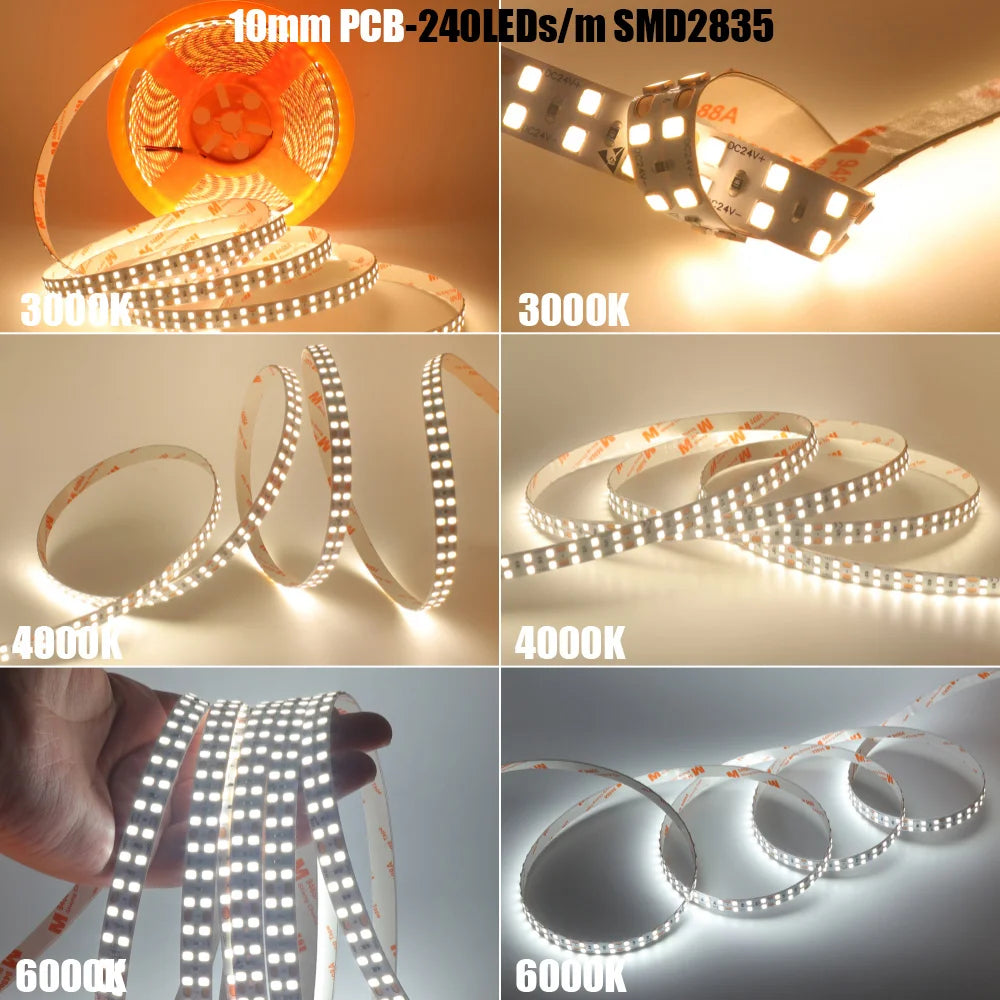 LED Strip Light RA98 5mm 8mm PCB 5m 10m 24V 2835 120 240 LEDs Flexible Adhesive Tape 2700K 3000K 3500K 4000K 5000K 6000K Decor