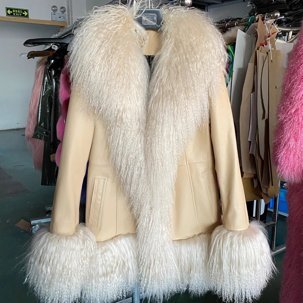 Sheep Collar Coats Women Winter Luxury Mongolian Fur Leather Jackets with Long Sleeve 7251