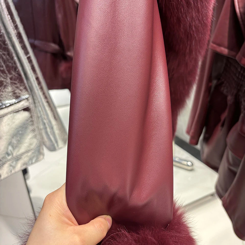 YOLOAgain Real Fox Fur Collar Genuine Leather Jacket Women