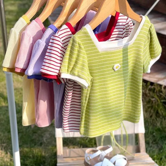 Summer 2025 New Style Baby Girl Short-Sleeved Tops for Outer Wear, Fashionable and Cute Candy-Colored T-Shirts, Ice Silk T-Shirts