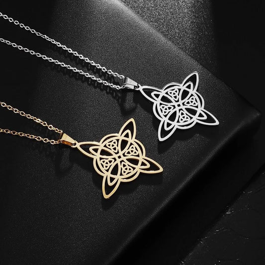 Popular fashion, stylish, personalized, trendy necklace with a witch’s knot, Celtic triangle, double-layered pendant.