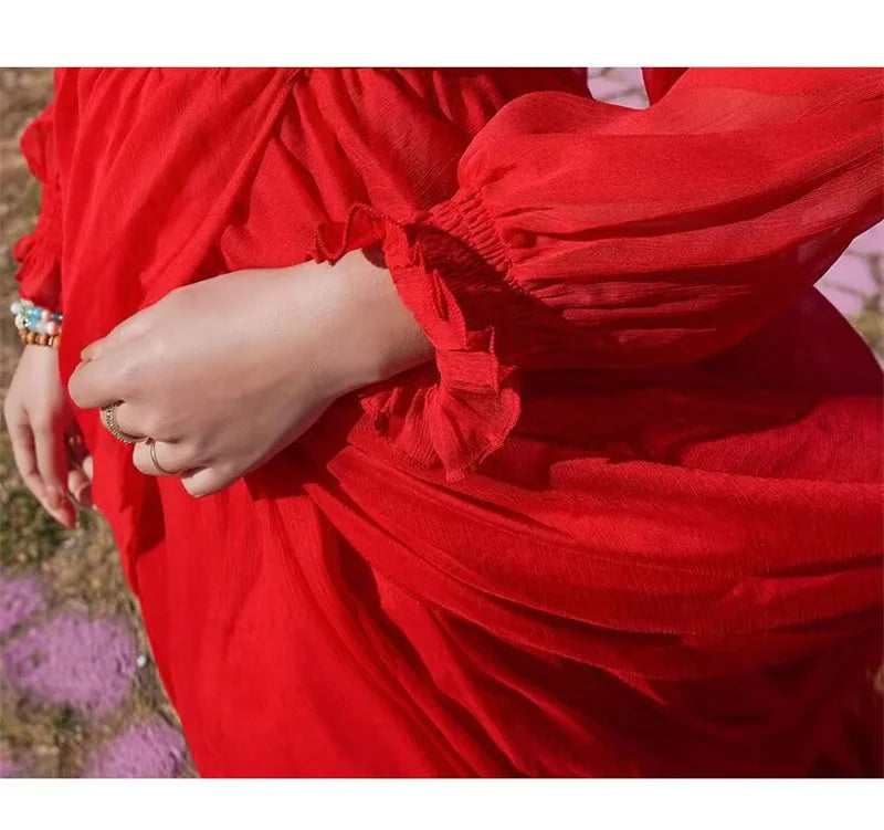 Spring/Summer Silk Dress with Charm Seaside Vacation Beach Dress Red Extra Long Tailed Long Dress White Elegant Graceful XQ26