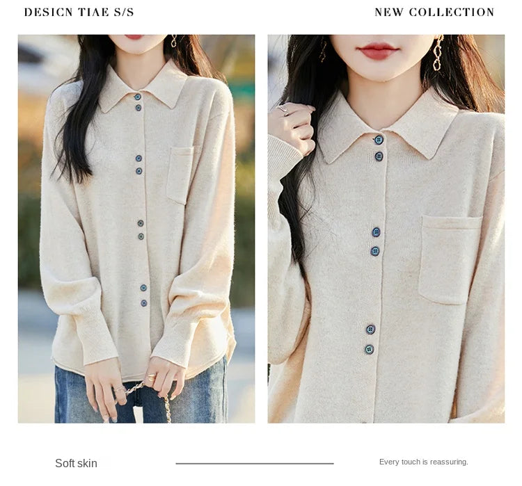 POLO Collar Wool Sweater 100 Pure Wool Spring And Autumn New Knitted Women Loose And Slimming Cardigan ZA682
