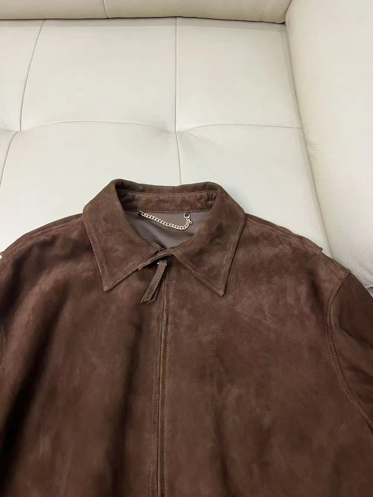 Brown Suede Jacket Spring Women Sheepskin Vintage Old Money Style Wide Shoulder Casual Baseball Leather Coat Giacca Pelle Donna