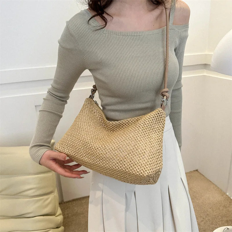 Women Woven Bag Summer Beach Holiday Handbag Portable Tote Bag Fashion Casual Big Capacity Leather Rope Women Shoulder Bags