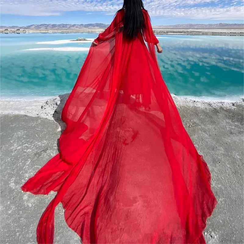 Spring/Summer Silk Dress with Charm Seaside Vacation Beach Dress Red Extra Long Tailed Long Dress White Elegant Graceful XQ26