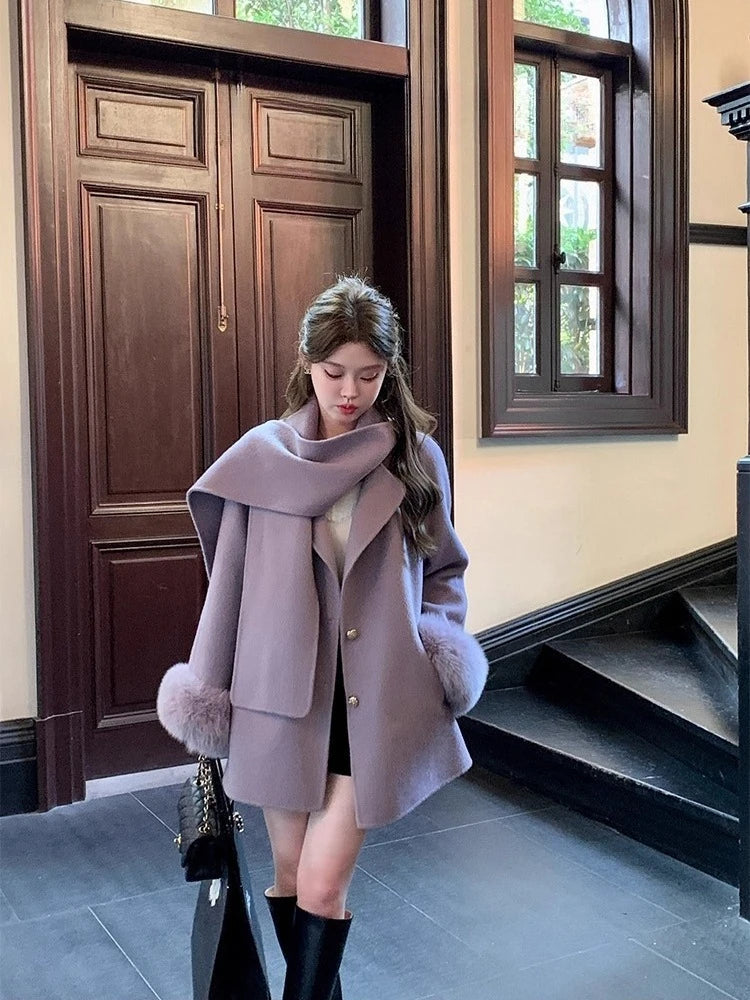 Elegant Wool Coat Warm Women Double Faced Luxury Real Fox Fur Sleeves 100 Wool Scarf Autumn Winter 2025 New Fashion Trench Coat