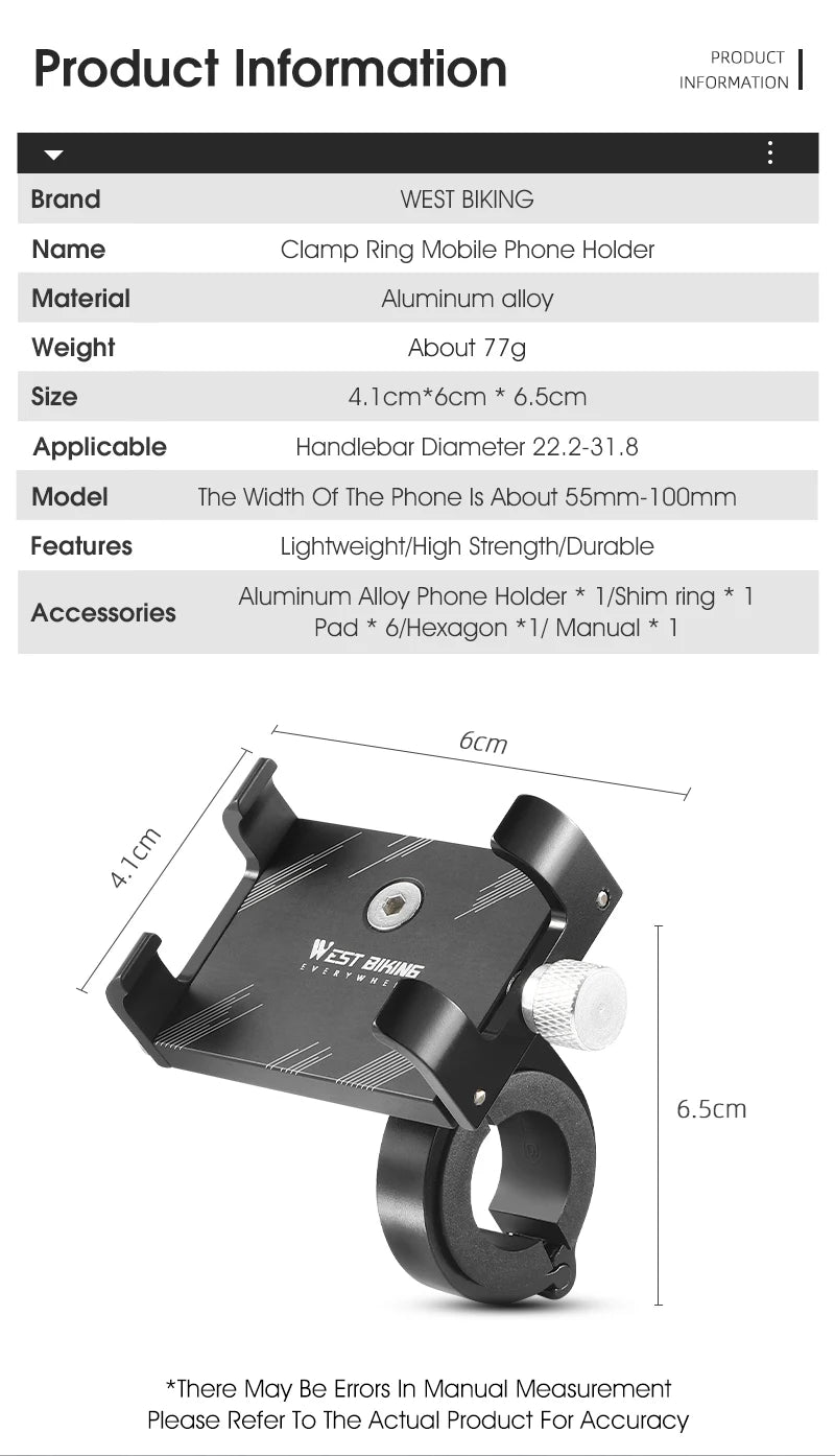 WEST BIKING Cycling Phone Holder Lightweight Aluminum Alloy Bike Handlebar Phone Bracket Phone Mount MTB Road Bike Accessories