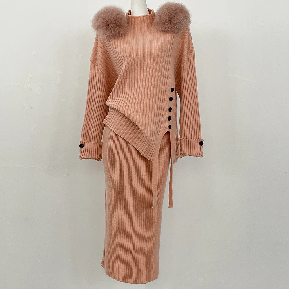 Sweater Set Warm suit Women Winter Knitted Suits two Piece Set Natural fox fur collar Sweater + Loose Trousers Office Lady Suit