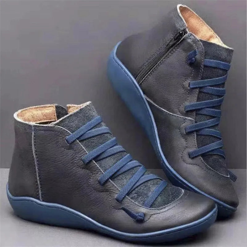 Boots  Women Winter Genuine leather Ankle Spring flat Shoes woman Short Vintage Boots With Fur 2023 for women lace up boots