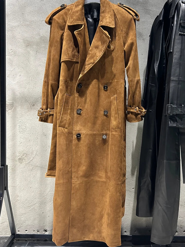 Suede Burgundy Long Coat Double Breasted Windbreak Length 150cm Women's Real Suede Coat