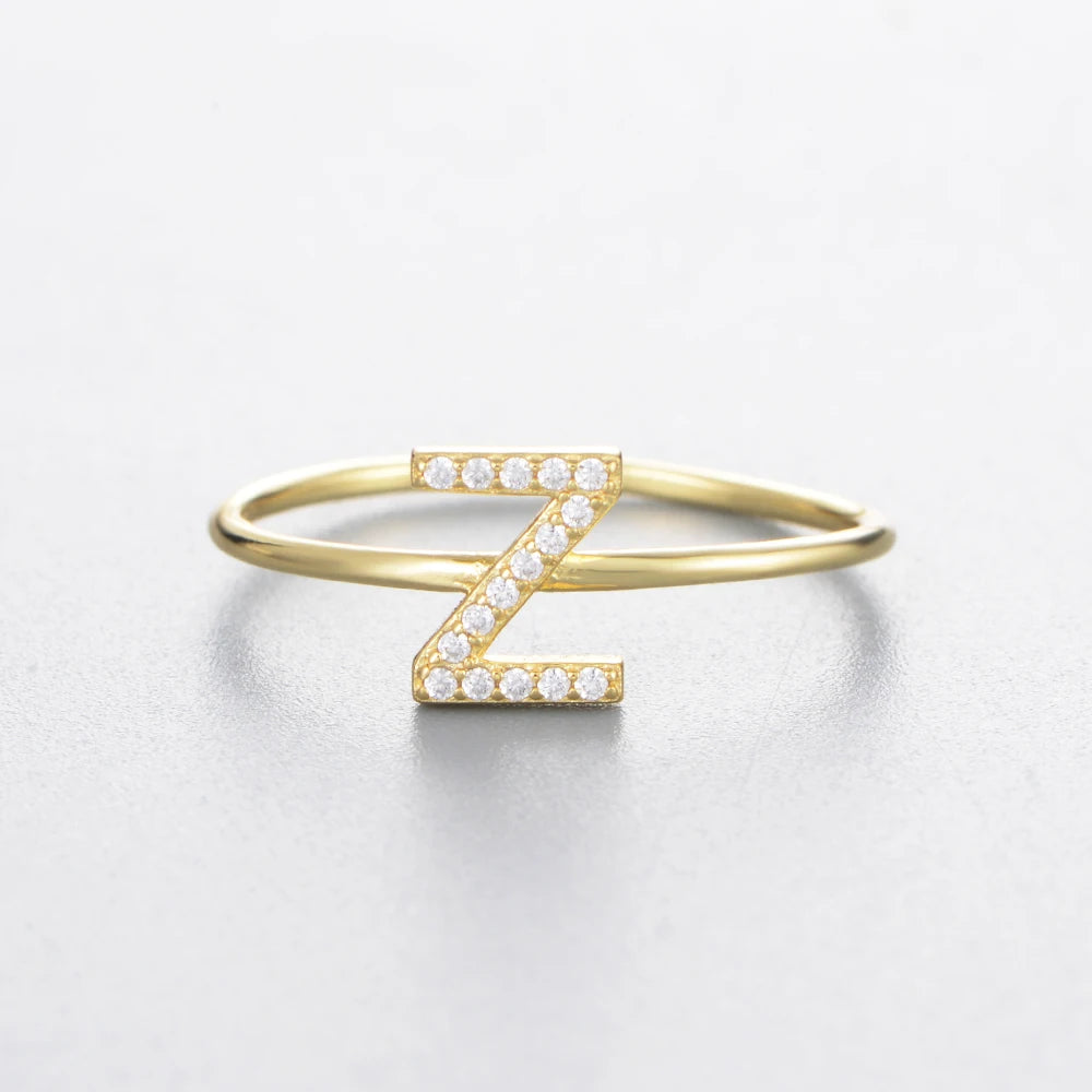 925 Sterling Jewelry A-Z 26 Letters Name Initial Rings Gold Plated Silver Fashion Simple S925 Ring Zircon Round Brilliant Cut