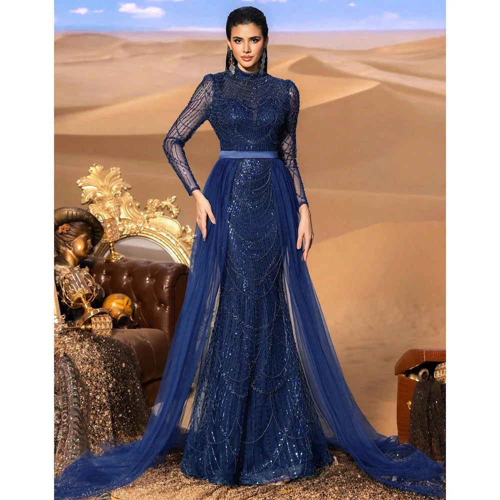 Elegant Wedding Evening  Dress for Women 2026 Muslim Long Sleeves Mermaid Detachable Train Sequined Prom Party Gown Customized