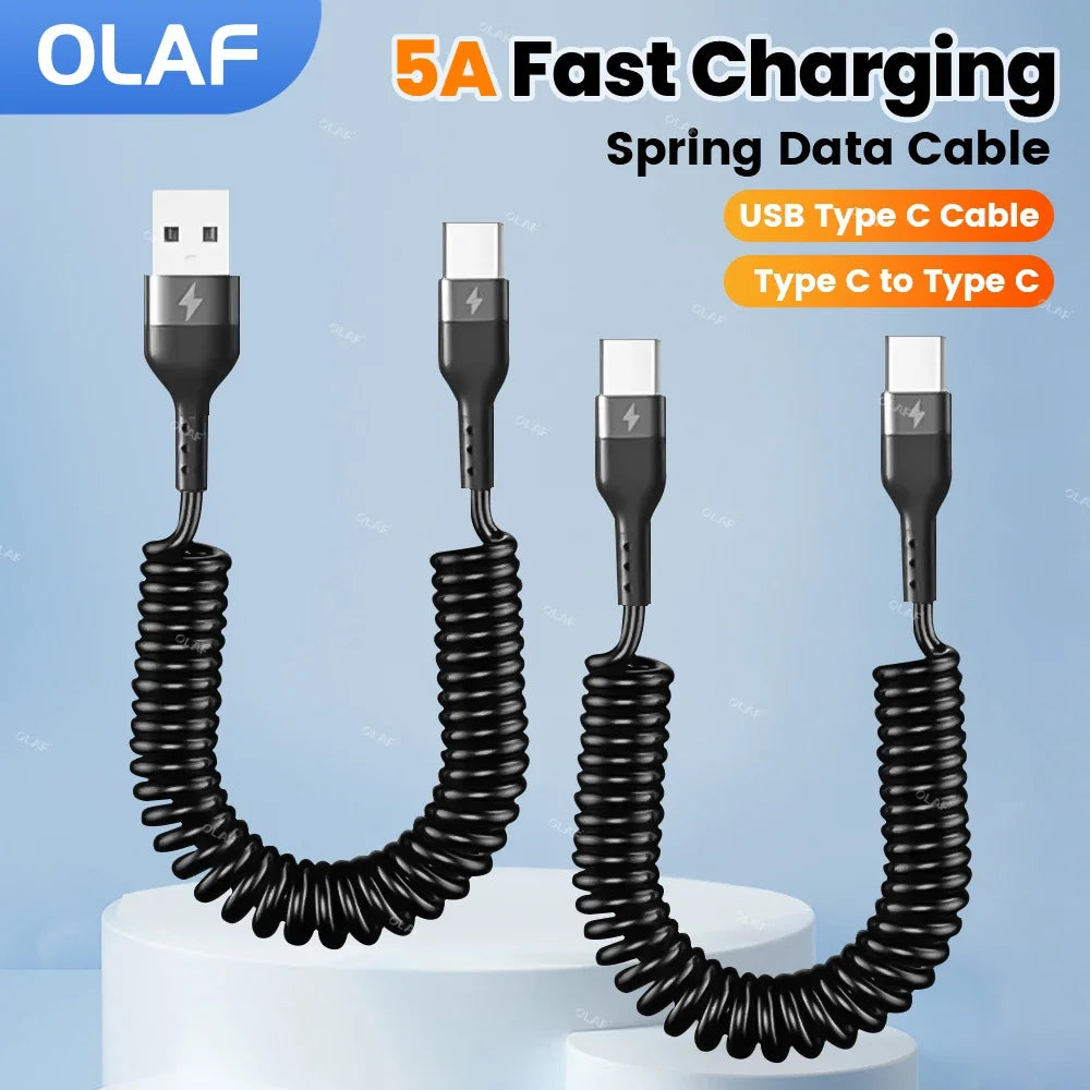5A Fast Charging Spring Data Cable Retractable USB C To Type C Cable for Huawei Xiaomi Redmi Phone Charger USB Type C Cable