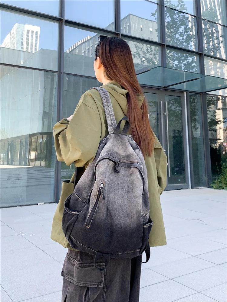 Men's and Women's Backpacks, Student School Bags, Large-Capacity Washed Denim Bags