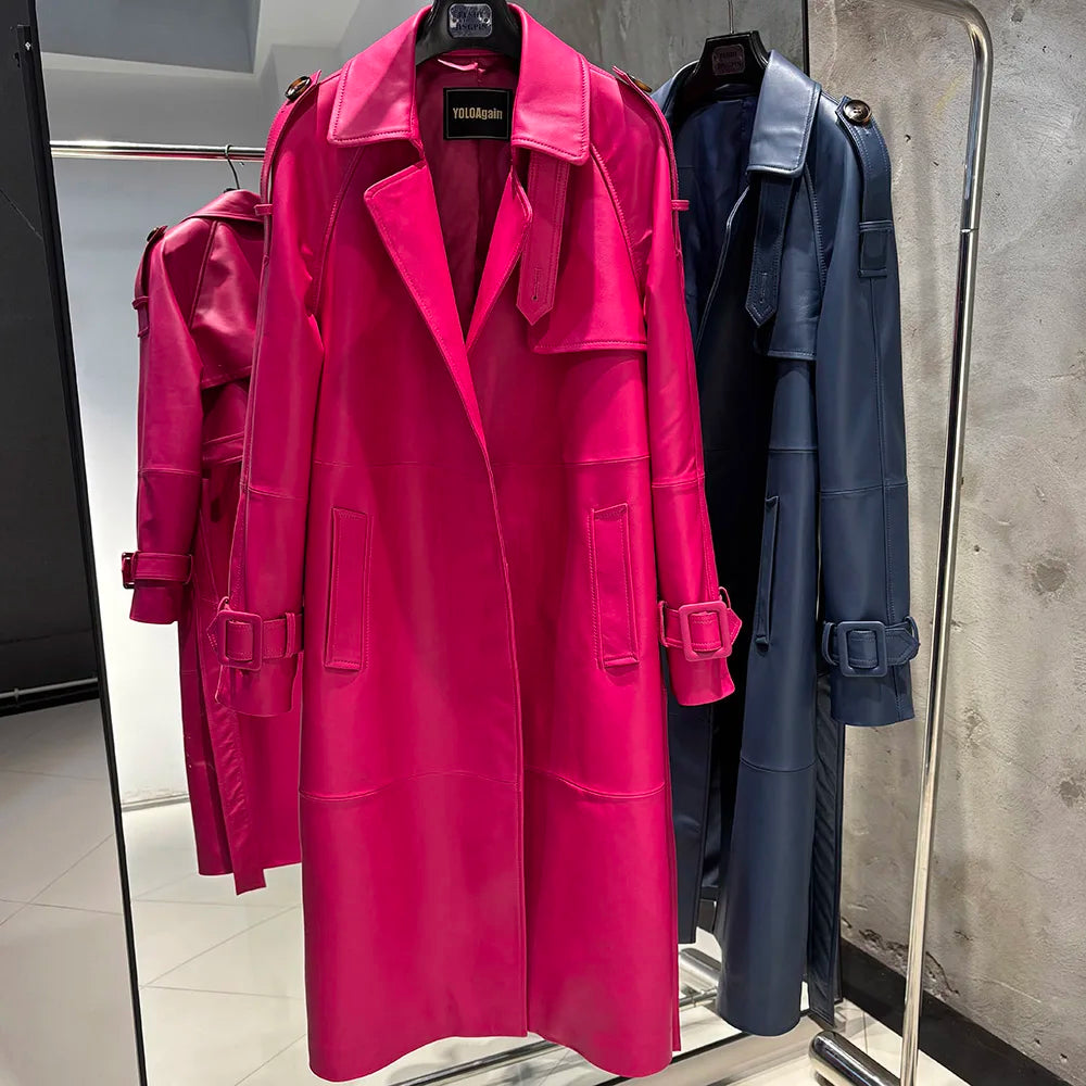 YOLOAgain High Quality Real Leather Trench Coat Women Genuine Leather Jacket Windbreak Female