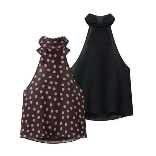 Summer Women Elegant Halter Top Bow Decor Polka Dot Backless Sleeveless Chiffon Shirt Casual Vacation Outfit