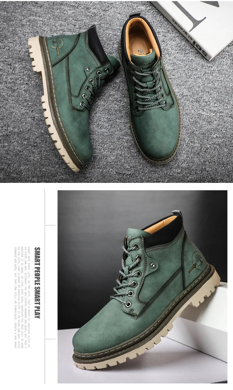 Men's High-Top British Style Motorcycle Boots Durable Cowboy Ankle Shoes Rugged Casual Non-Slip Leather Outdoor Work Footwear