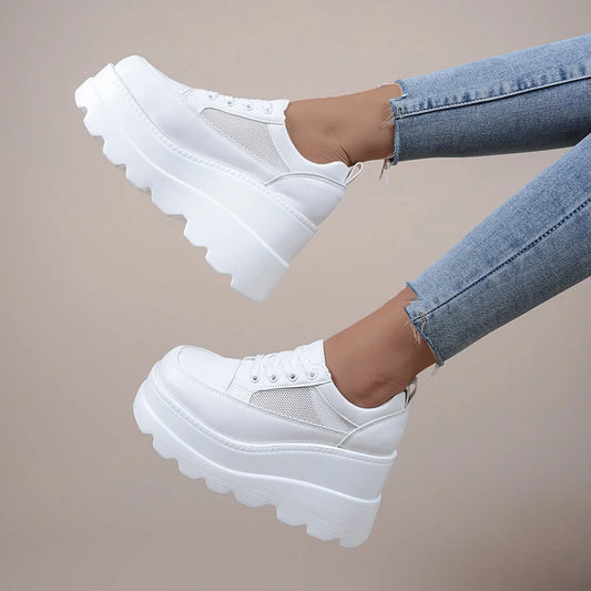 2022 NEW White Wedge Sneakers Shoes Platform Breathable Hollow Shoes Chunky Platform Heel Pumps Shoes Women Heels
