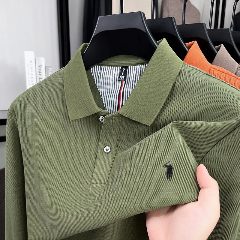 100% Pure Cotton Men's High-Quality Long Sleeve Polo Shirt Autumn New Fashion Brand Design Embroidered T-shirt Sports Casual Top
