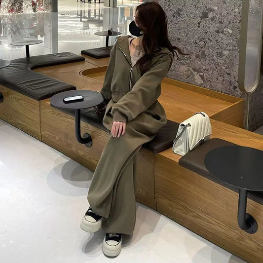 Pant Sets Two Pieces Hooded Hoodies Matching Sets Zipper Sweatshirts Long Sleeve Loose Drawstring Straight Pants Casual