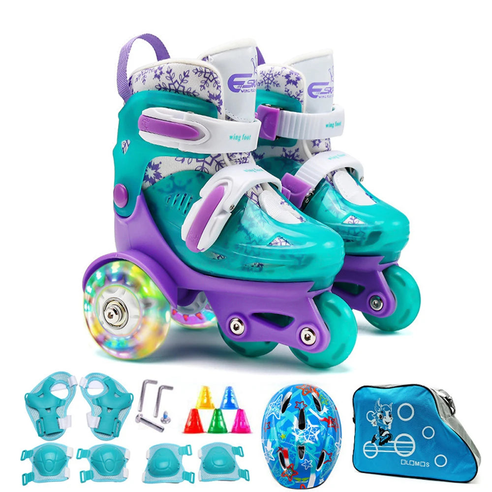 Flash Skating Shoes Kids Beginner Roller Skating Shoes Set Children Skates with Kneepad Elbow Pads Helmet Barrier Backpack Rolle
