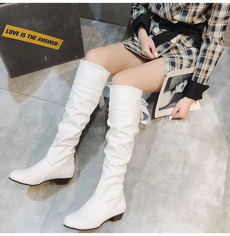 Shoes For Women  Knee High Boots Red Black White Tall Boots Woman Pleated Low Heel Casual Leather Female Long Shoes 2024