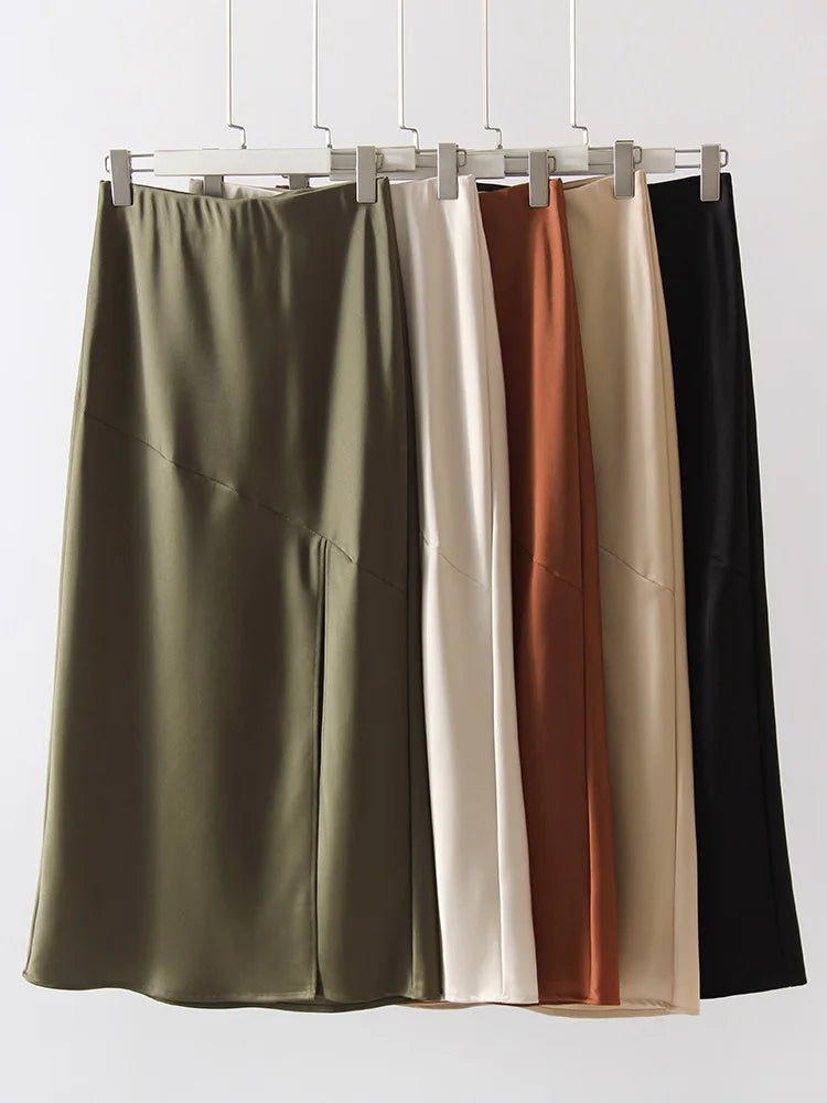 Summer Satin Skirts For Woman Office Maxi A Line Black Silk Skirts With Slit Lady High Waist Women Patchwork Skirt Long Elegant