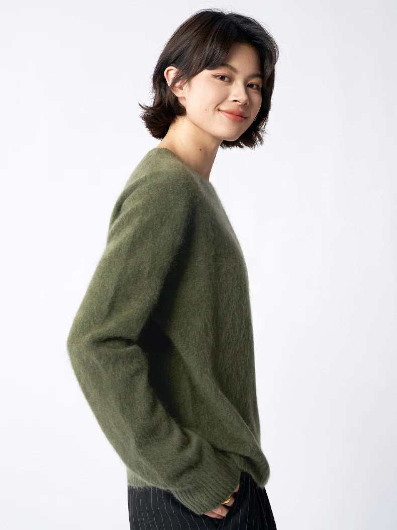 SuyaDream, Women Fleece Pullovers, V Neck, 3.8%Cashmere 96.2%Wool, Chic Warm Sweaters, 2025 Fall Winter Solid Top, Camel, Olive