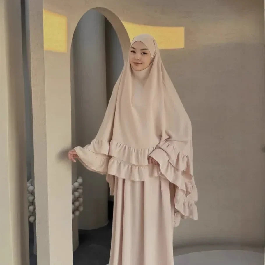 Muslim Dresses Hijab 2 Piece Sets Women Prayer Garment Modest Abayas Headscarf Ramadan Kaftan Islam Vestidos Arab Long Robe Suit