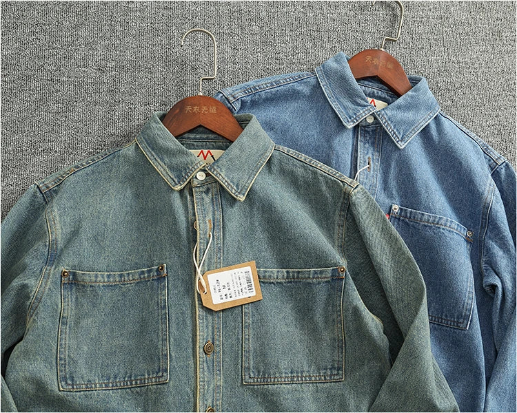 Spring Autumn New American Retro Long-Sleeve Lapel Solid Color Denim Shirt Men's Fashion 100% Cotton Washed Old Casual Blouses