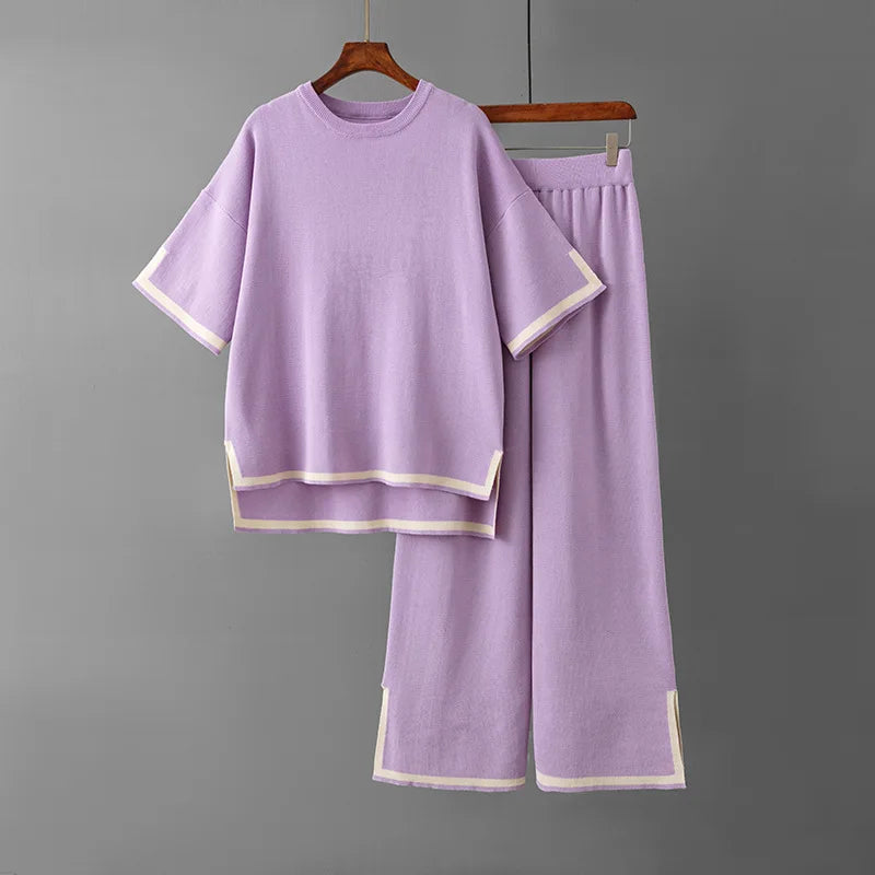 Pants Set Women Two Piece Sets Short Sleeve Spring Knit Tops Loose Casual Wide Leg Long Pants High Waist Y2k Streetwear Spring