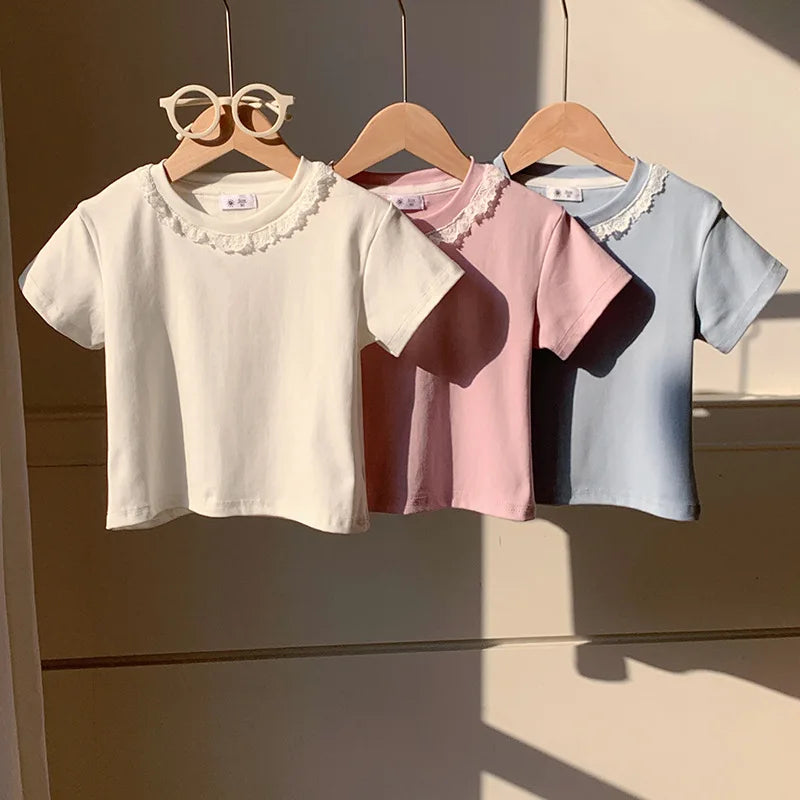 Summer Girls Lace T-shirt Kids Loose Casual Solid Color Short Sleeves Crewneck Tops Baby Girl Cotton Tees Kids Clothes 1-6Years