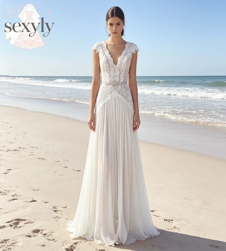 Ethereal Bohemian Wedding Dress 2026  V Neck Cap Sleeve Lace Chiffon A‑Line Bridal Gown Rhinestone Sash Boho Fairy Beach Bride
