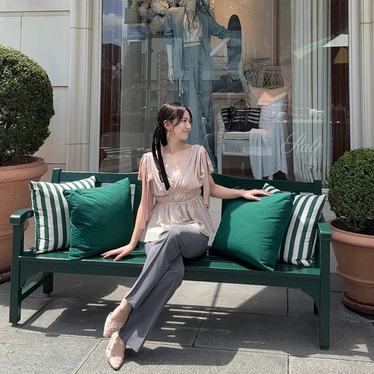 Women's Tops Summer Bow Tie Sweet Elegant Blouse Femme V Neck Shirt Waist-Cinching Japanese Style Sleeveless Chiffon Blouse