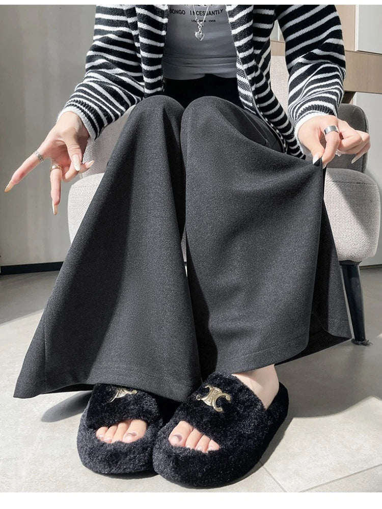 High Quality Woolen Suit Wide-leg Pants Women Fall Winter High-waisted Loose Trouser Female Chic Solid Thick Outwear Bottoms New