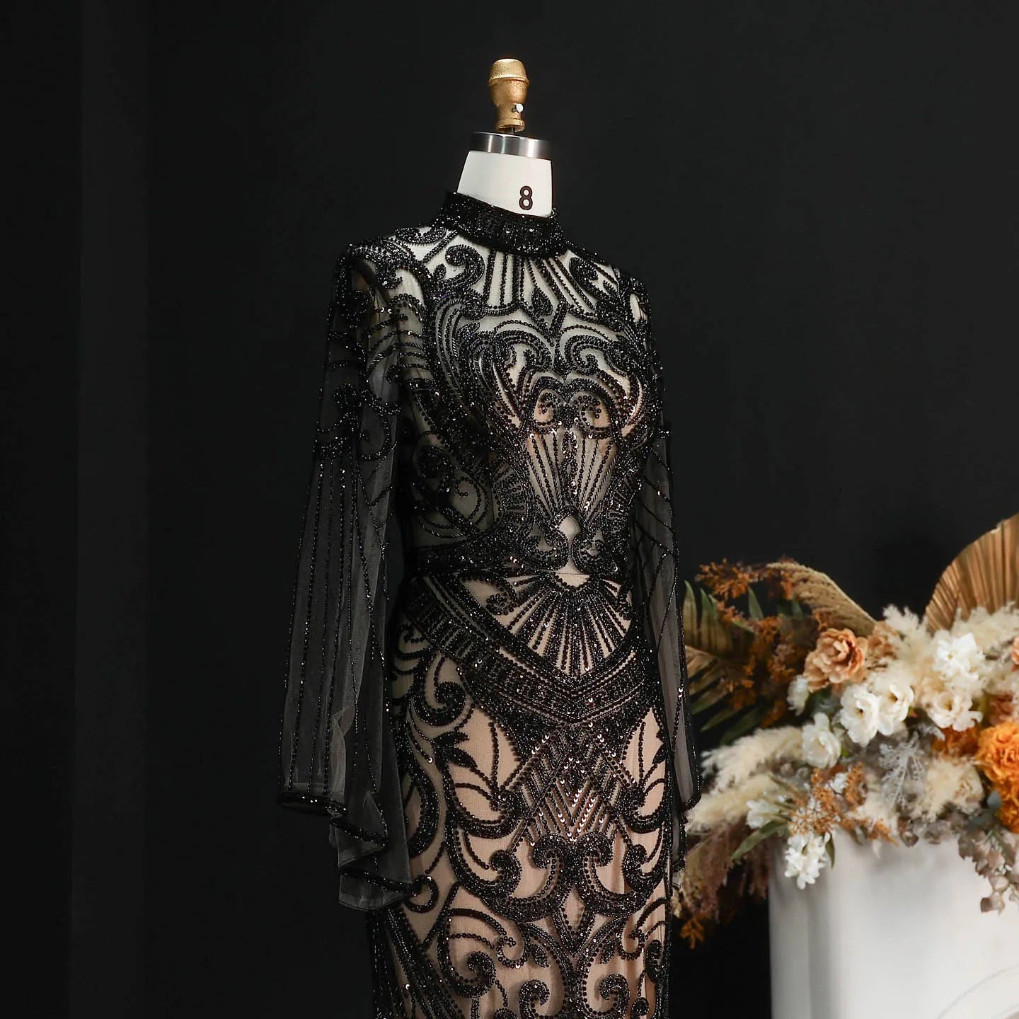 Sharon Said Dubai Black Evening Dress Geometric Beaded Pattern Long Flare Sleeve شارون سعيد Women Formal Prom Gown SS055 Custom