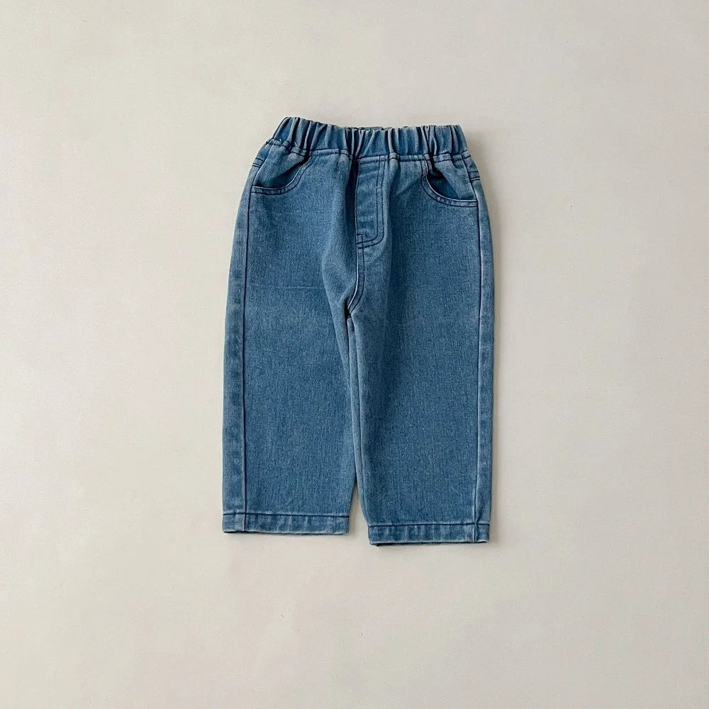 Baby clothes 2025 new children's solid color long sleeved denim set, boys and girls cardigan long pants casual sports two-piece