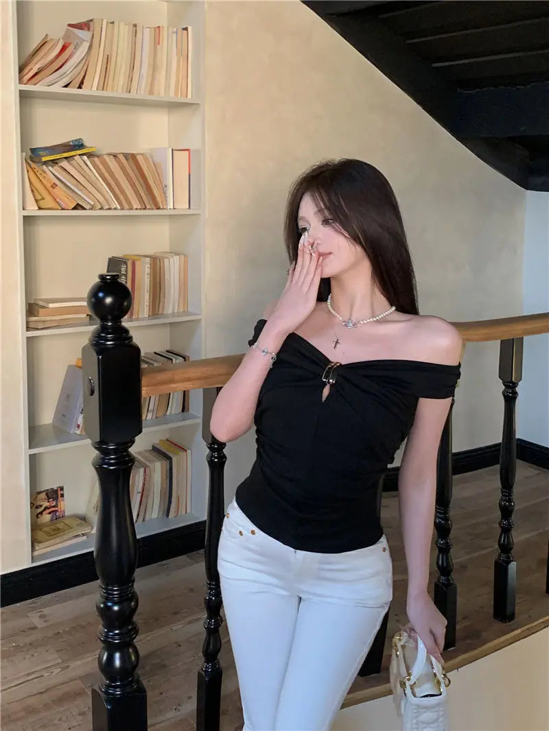 Summer Solid Color Sexy Off Shoulder Tops Lace Up Sleeveless T-Shirt Casual Slim  Top Black Short Sleeve Wome