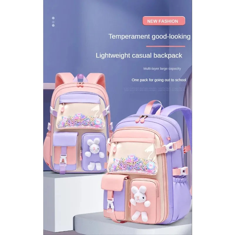 School Bag Oxford Cloth Polyester Waterproof Cute Cartoon Backpack Girls Spine Protection Rucksack Daily Campus Commuting Bag