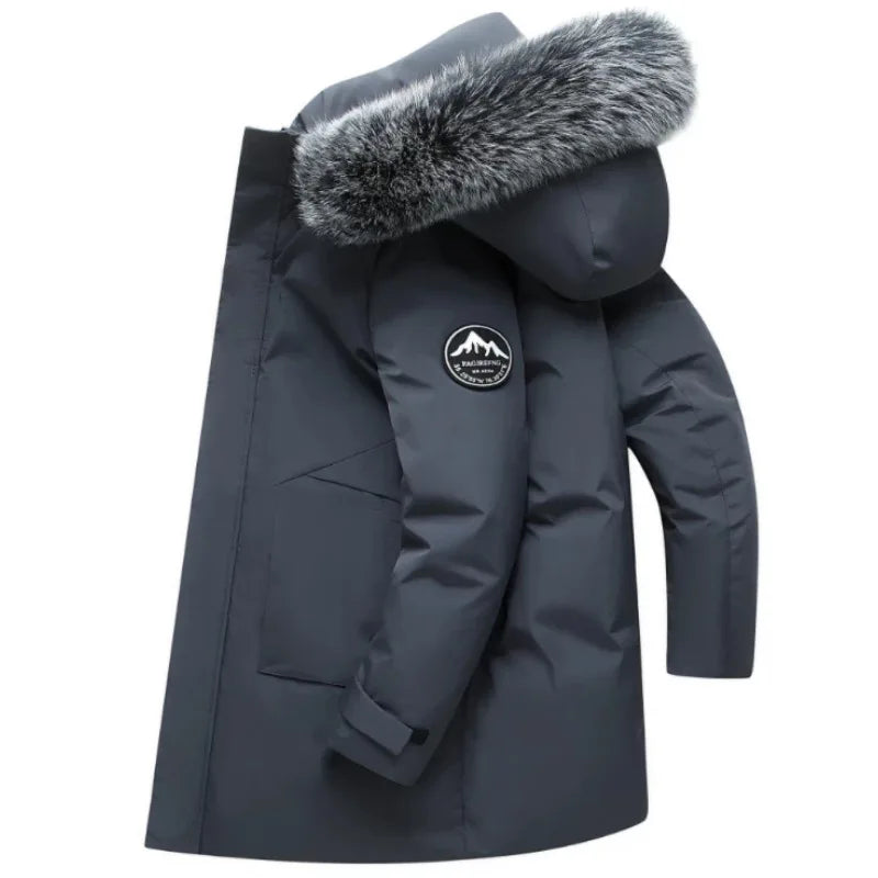 Winter New Men's Mid to Long Down Jacket with Hood Big Fur Collar Thick Warm Coat Winter White Duck Down Windproof Parka Korean