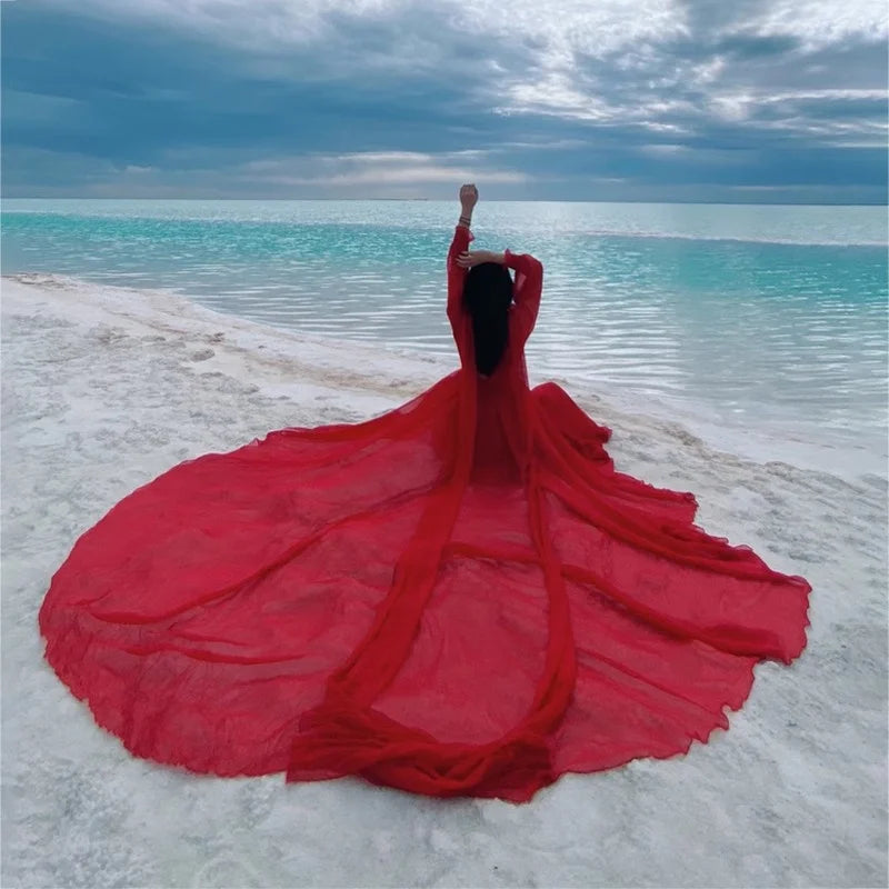 Spring/Summer Silk Dress with Charm Seaside Vacation Beach Dress Red Extra Long Tailed Long Dress White Elegant Graceful XQ26