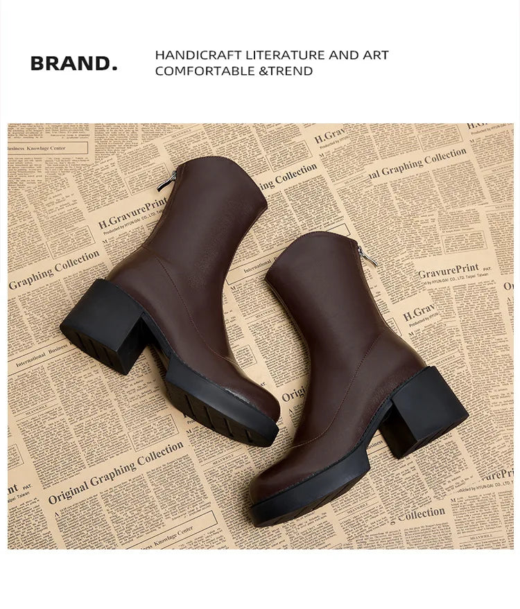 High Heel Women Ankle Boots Fashion High Quality Platform Shoes for Women British Style Brown Boot Comfor Women Waterproof Boots