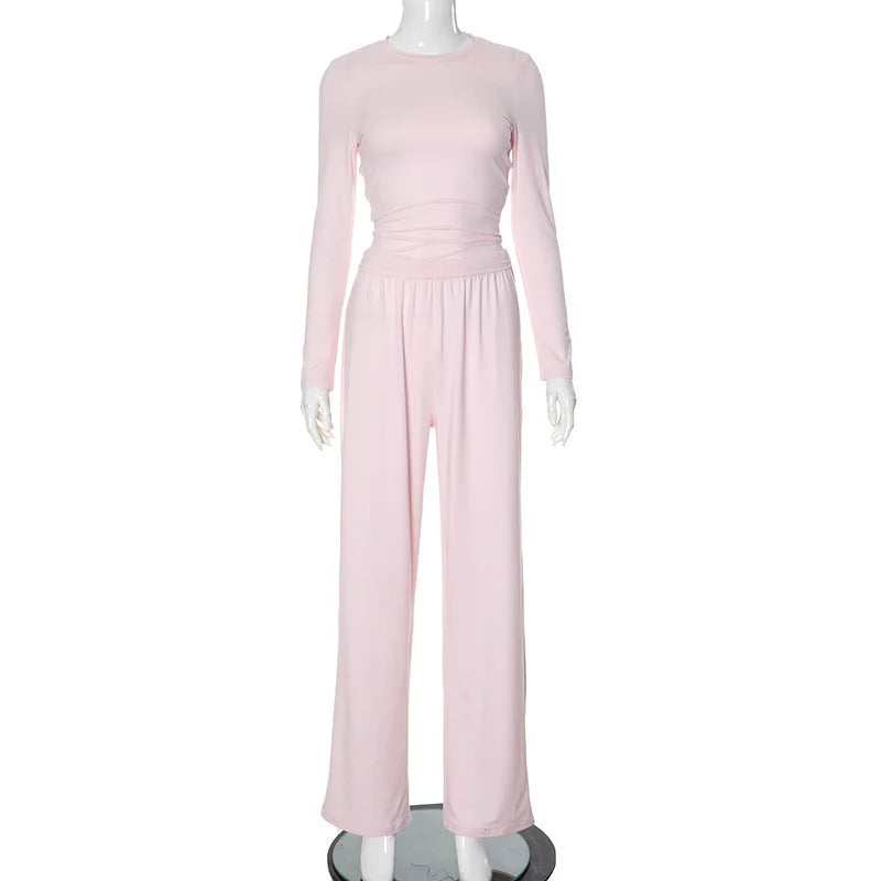 Apprabant Solid Pleated Casual Basic Trousers Set Round Neck Long Sleeve Top Fashion Sports Style High Waist Wide Leg Pants Suit