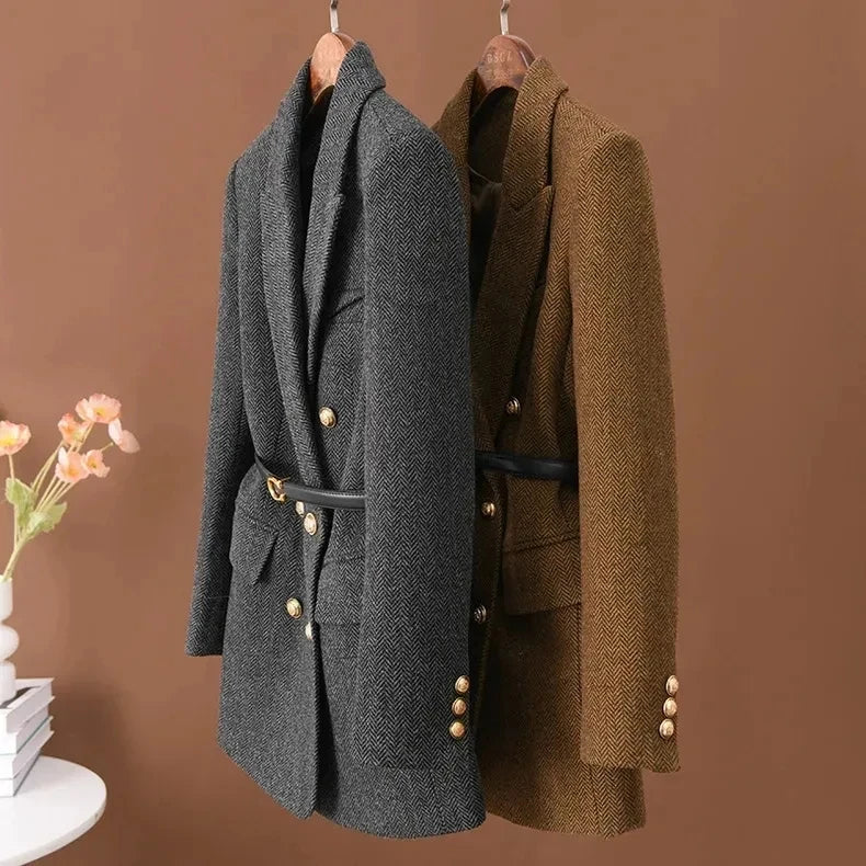 2025 New Women Long-Sleeved Suit Jacket Woolen Coat Double-Breasted Fashion Suit Mid-Length Jacket Women Autumn Winter Outwear